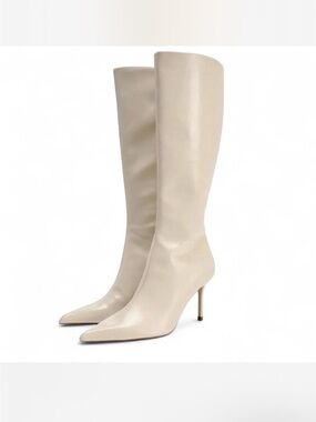 Zara Cream Tall Thin Heeled Knee-High Boots